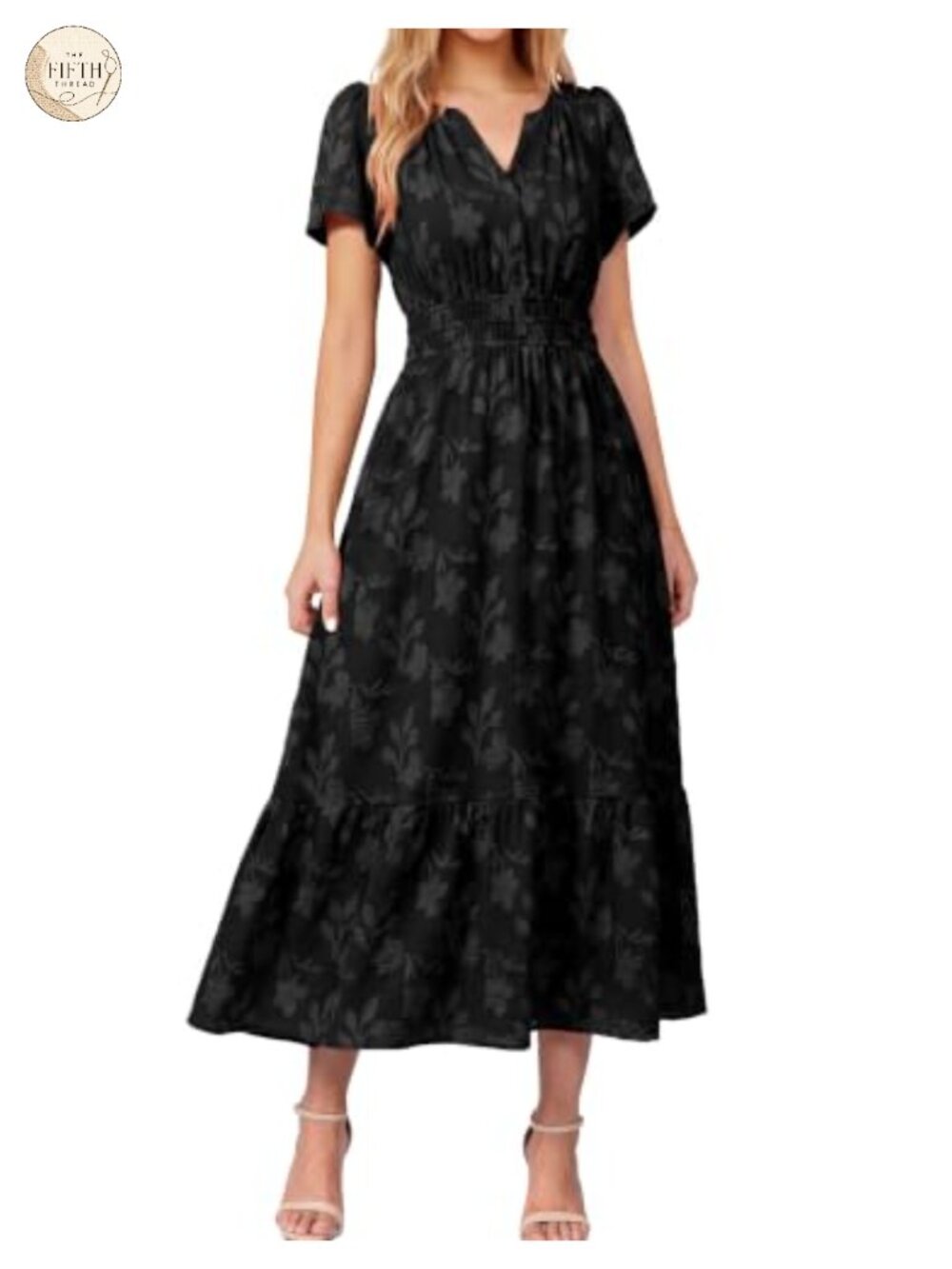 Boho Floral Burnout Maxi Dress V Neck Short Sleeve Empire Waist